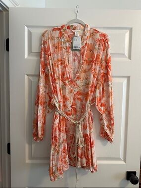 H&M Coral and White Floral Long-Sleeve Dress